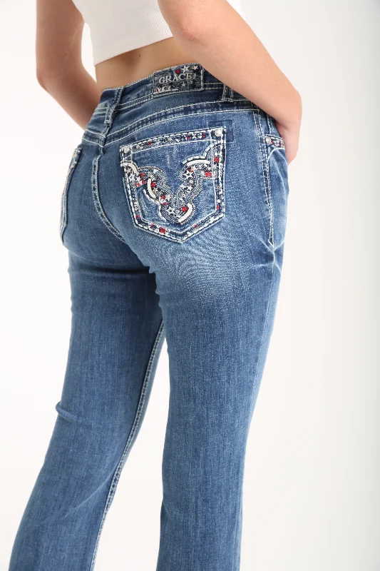 American Steer Head Mid Rise Embellished Women's Bootcut Jeans