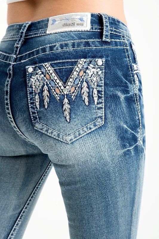 Aztec/Feather Embellished Mid Rise Skinny Jeans