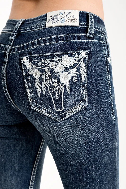 Floral Steer Head Bootcut Embellished Jeans