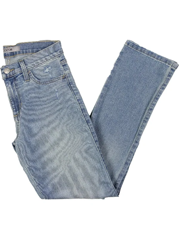 Womens Mid-Rise Distressed Straight Leg Jeans