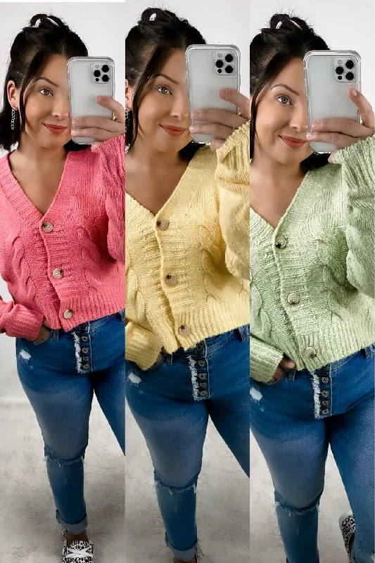 Rainbow Sherbet- {Lemon, Lime & Strawberry} Cropped Knit Button Up Cardigan