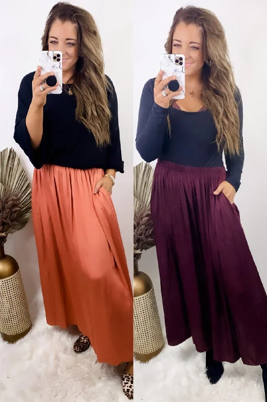 Side Hustle- {Burgundy & Salmon} Maxi Skirt w/ Side Slits & Pockets