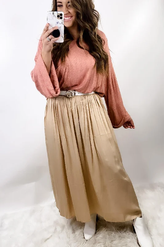 Side Hustle- Beige Maxi Skirt w/ Side Slits & Pockets