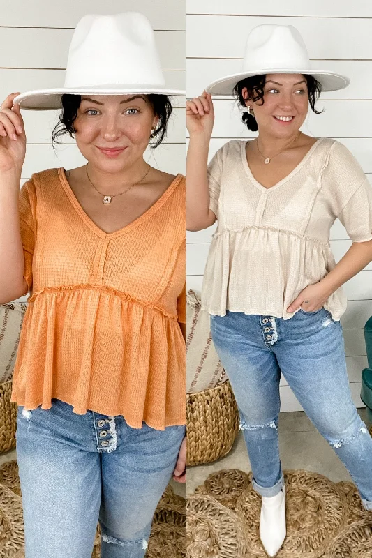 Summer State Of Mind- {Orange & Cream} Waffle Knit Baby Doll Top