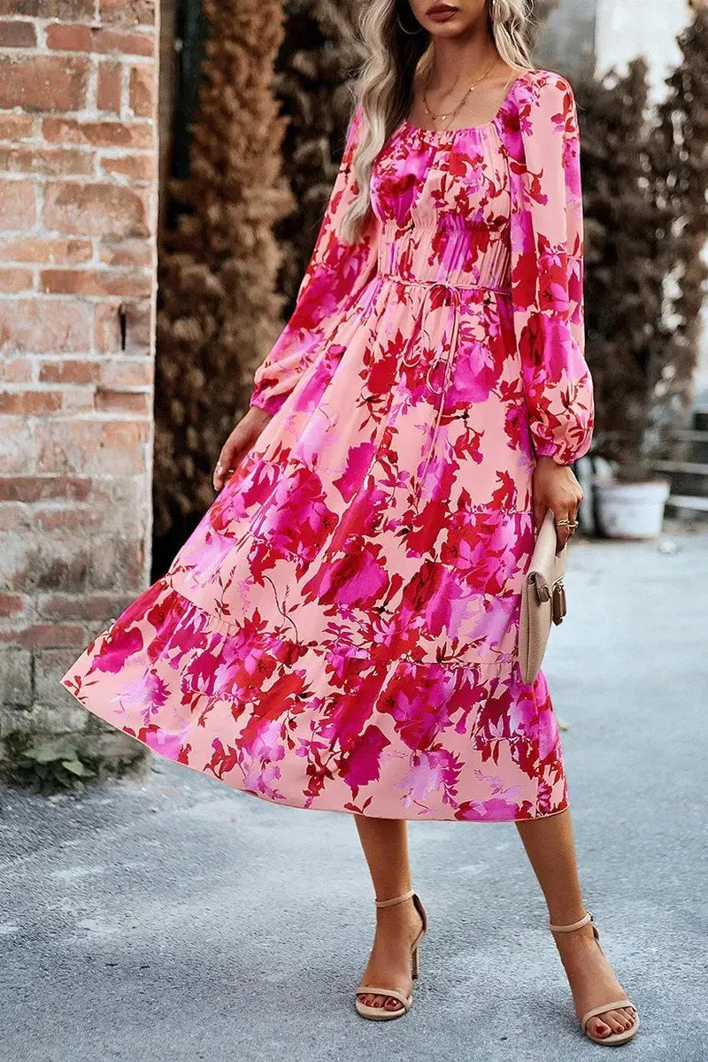 WOMEN FLORAL PATTERN SQUARE NECK MAXI DRESS