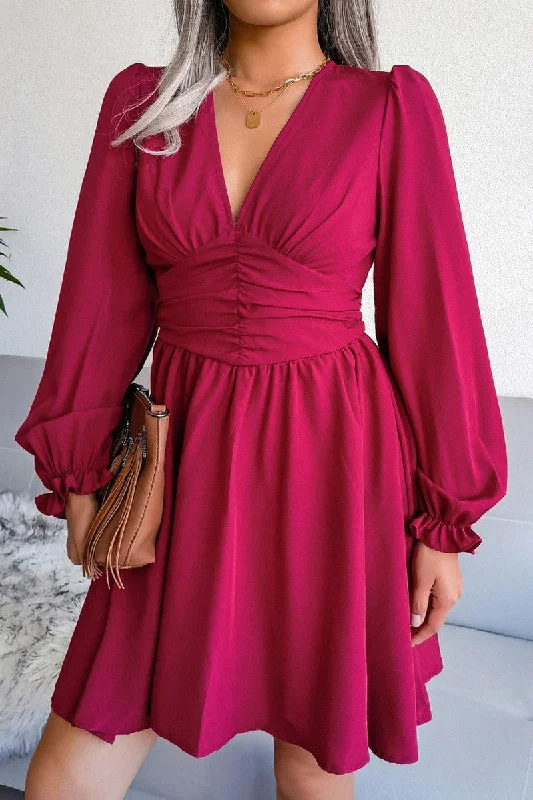 WOMEN EMPIRE SLIM WAIST SEXY V NECK RUFFLE DRESS