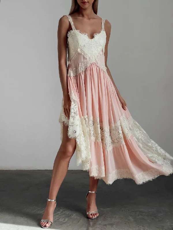 Lace Detail Pink Asymmetric Dress