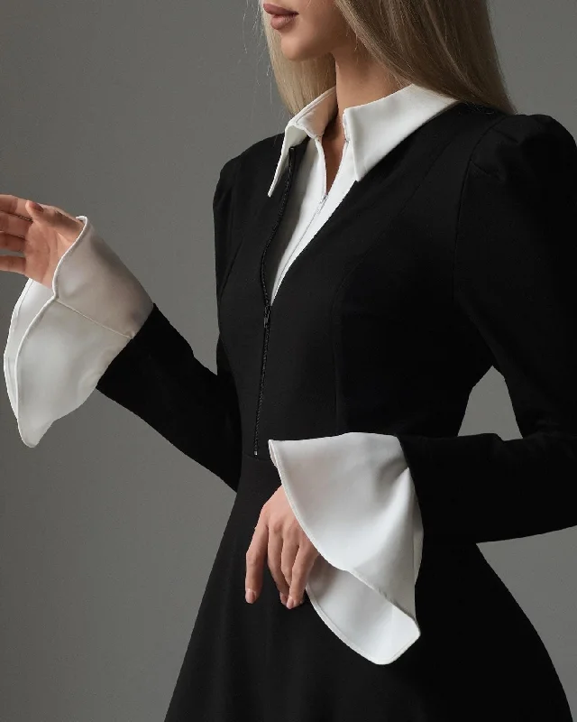 Shirt Collar Black and White Midi Dress