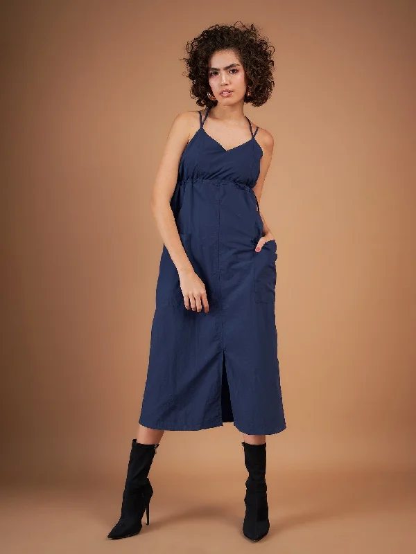 Women Navy Front Pockets Parachute Dungaree Dress