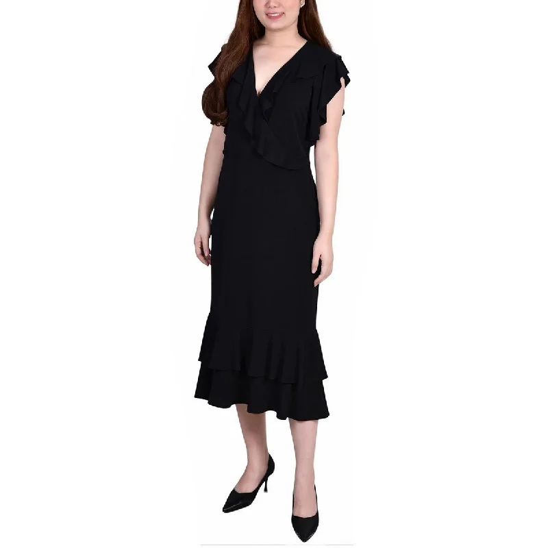 NY Collection Womens Petites Ruffled A-Line Midi Dress