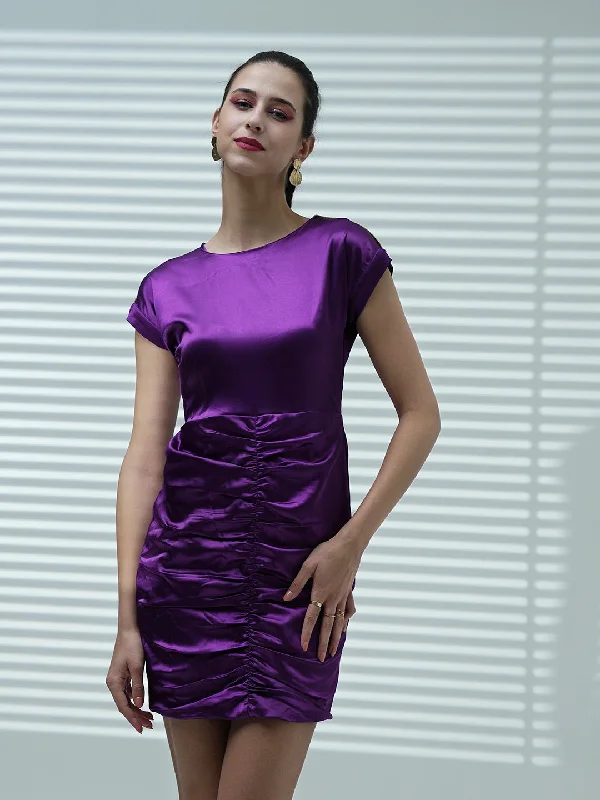 Women Purple Lycra Satin Ruched Mini Dress