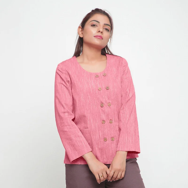 Light Pink Cotton Flax Double-Breasted Button-Down Jacket