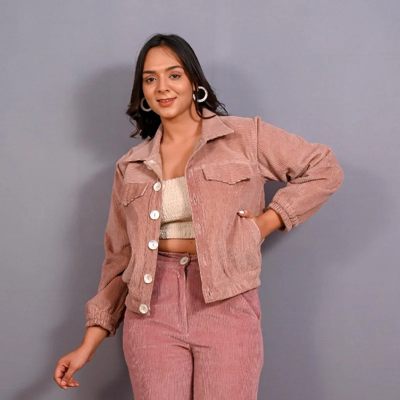 Mauve Warm Cotton Corduroy Short Bomber Jacket