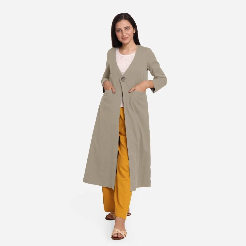 Solid Beige Cotton Flax Front Open a-Line Jacket