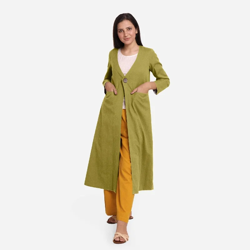 Solid Green Cotton Flax Front Open a-Line Jacket